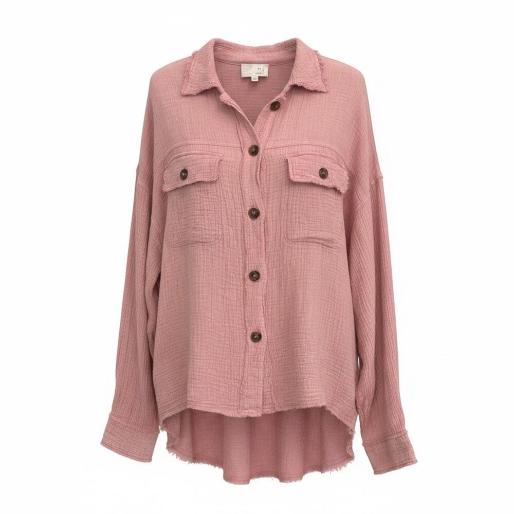 Oli & Hali Pink Gauze Button Down Shirt Oversized Boho Raw Hem Shirt Size L NWOT